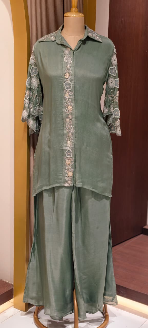 Sheer Shine Beautiful Handwork Over Neck & Sleeve Crepe Elegant Co-Ord Set-14247 W114