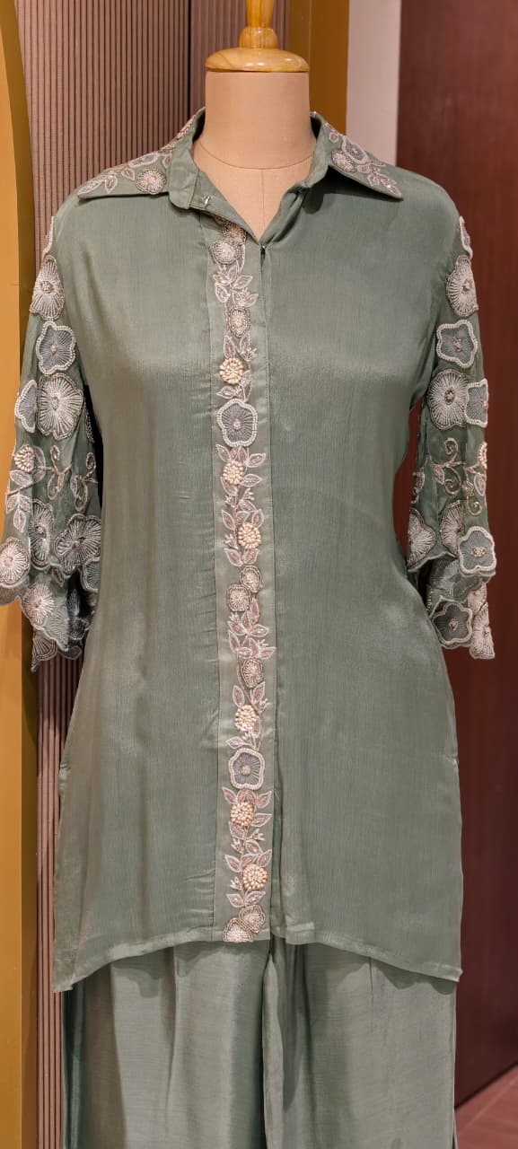 Sheer Shine Beautiful Handwork Over Neck & Sleeve Crepe Elegant Co-Ord Set-14247 W114