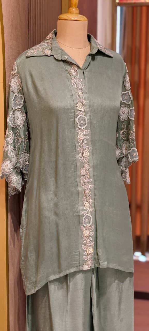 Sheer Shine Beautiful Handwork Over Neck & Sleeve Crepe Elegant Co-Ord Set-14247 W114