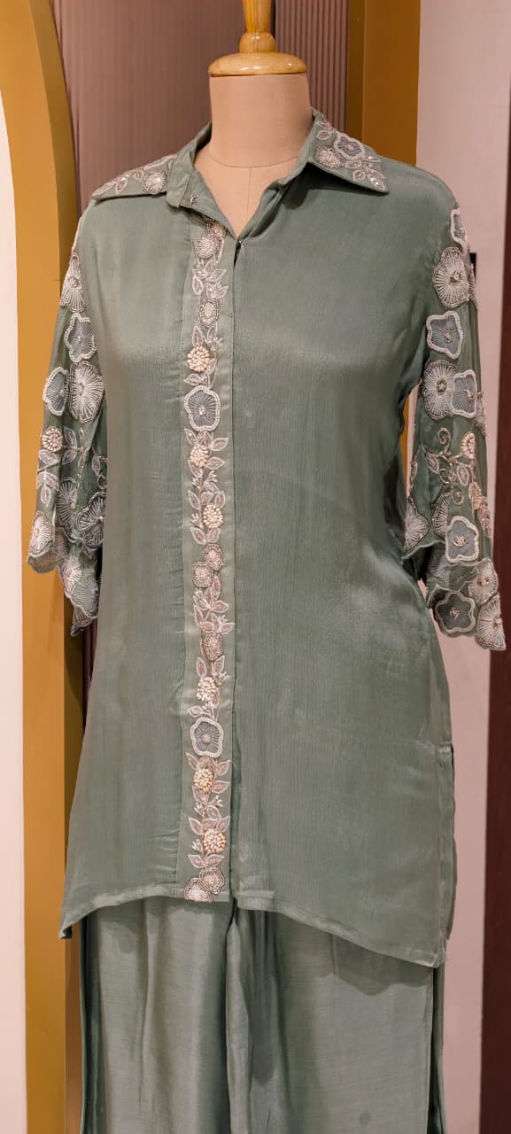 Sheer Shine Beautiful Handwork Over Neck & Sleeve Crepe Elegant Co-Ord Set-14247 W114