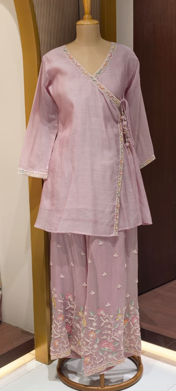 Angrakha Patterened Elegant Beads Work Designer Kurta Pant Set In Mul Chanderi Fabric- 14252 W119