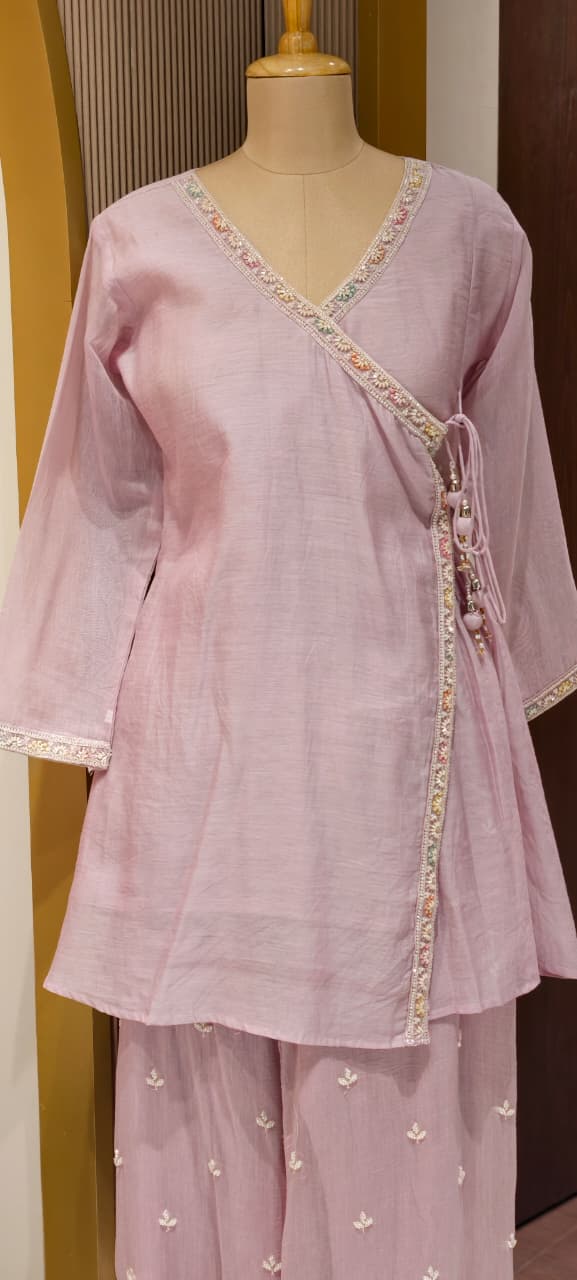 Angrakha Patterened Elegant Beads Work Designer Kurta Pant Set In Mul Chanderi Fabric- 14252 W119