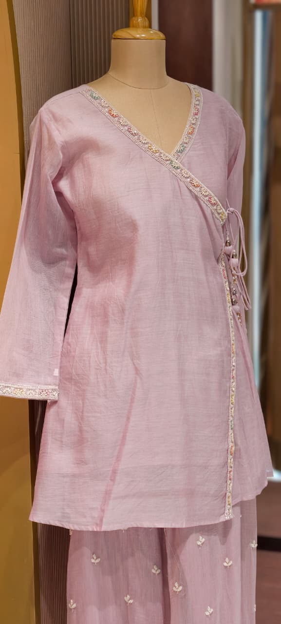 Angrakha Patterened Elegant Beads Work Designer Kurta Pant Set In Mul Chanderi Fabric- 14252 W119