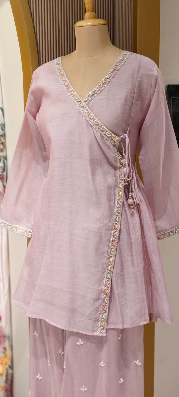 Angrakha Patterened Elegant Beads Work Designer Kurta Pant Set In Mul Chanderi Fabric- 14252 W119