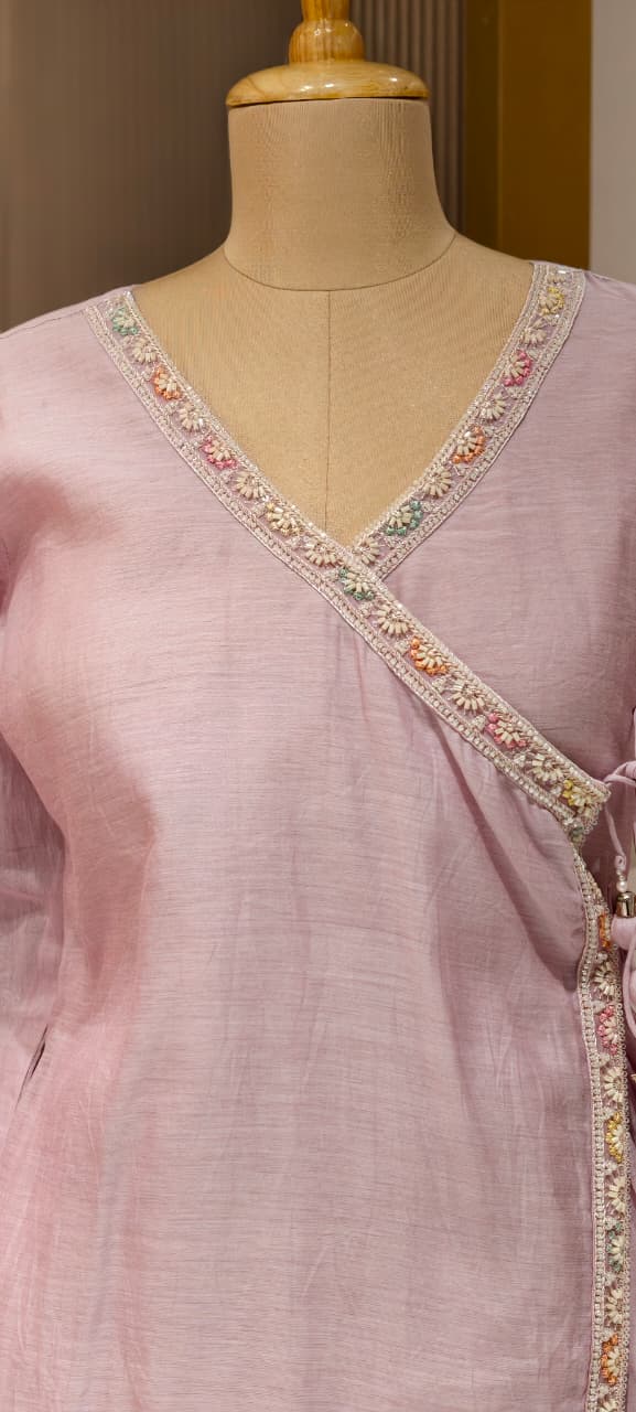Angrakha Patterened Elegant Beads Work Designer Kurta Pant Set In Mul Chanderi Fabric- 14252 W119