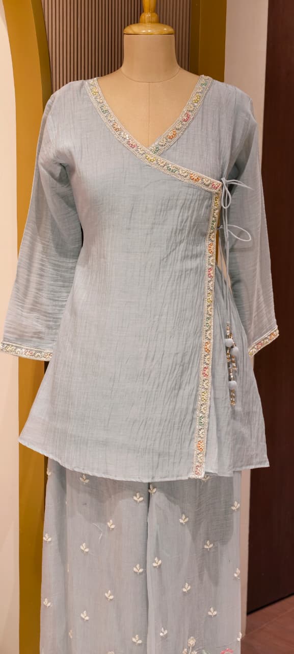 Angrakha Patterened Elegant Beads Work Designer Kurta Pant Set In Mul Chanderi Fabric- 14252 W119