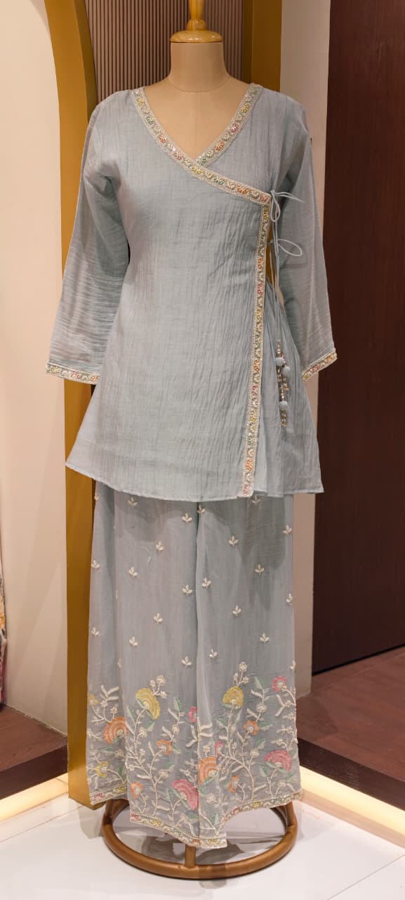 Angrakha Patterened Elegant Beads Work Designer Kurta Pant Set In Mul Chanderi Fabric- 14252 W119