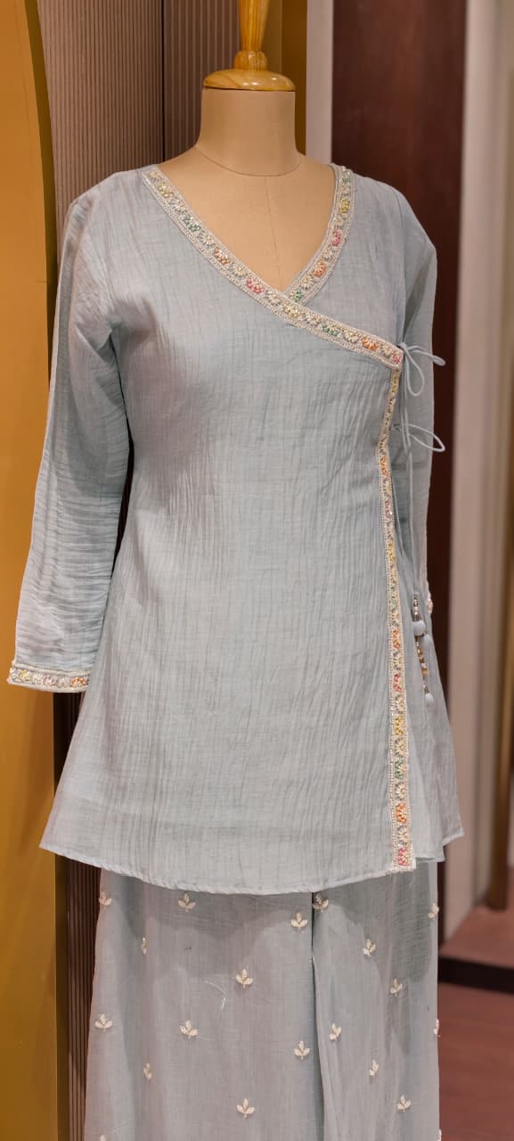 Angrakha Patterened Elegant Beads Work Designer Kurta Pant Set In Mul Chanderi Fabric- 14252 W119