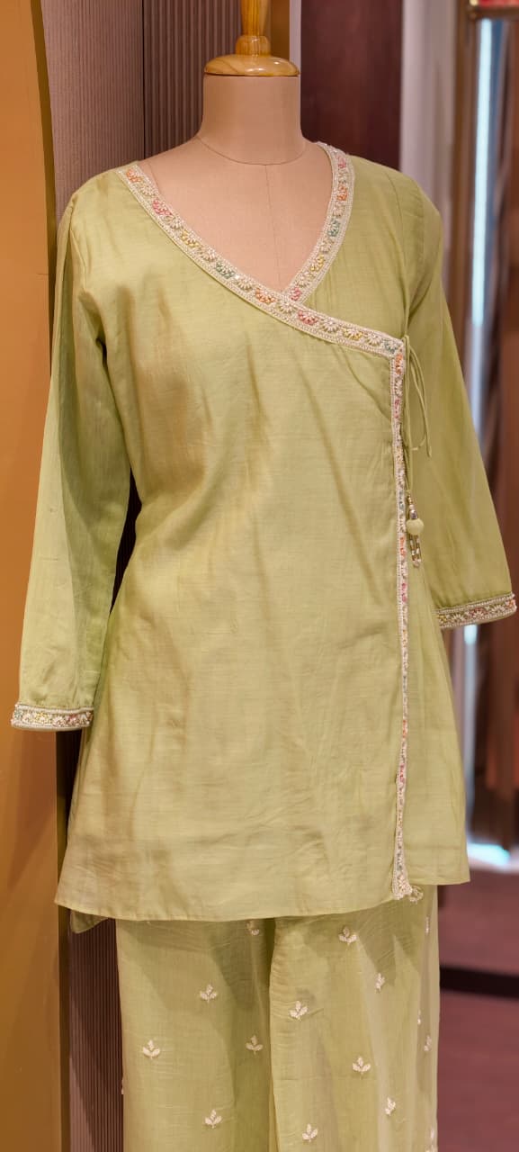 Angrakha Patterened Elegant Beads Work Designer Kurta Pant Set In Mul Chanderi Fabric- 14252 W119