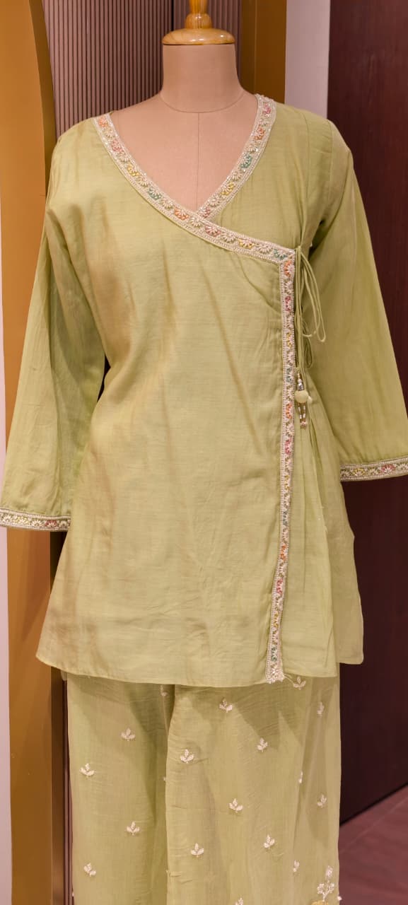 Angrakha Patterened Elegant Beads Work Designer Kurta Pant Set In Mul Chanderi Fabric- 14252 W119