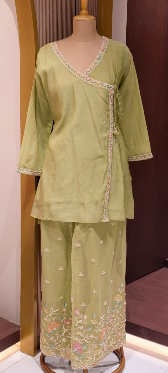 Angrakha Patterened Elegant Beads Work Designer Kurta Pant Set In Mul Chanderi Fabric- 14252 W119