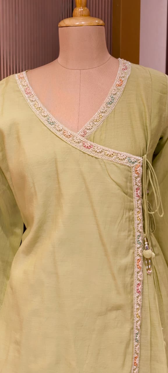 Angrakha Patterened Elegant Beads Work Designer Kurta Pant Set In Mul Chanderi Fabric- 14252 W119