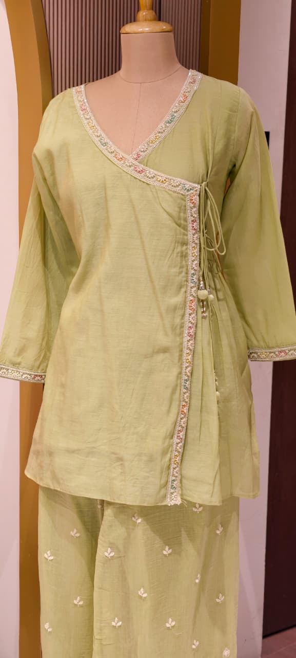 Angrakha Patterened Elegant Beads Work Designer Kurta Pant Set In Mul Chanderi Fabric- 14252 W119