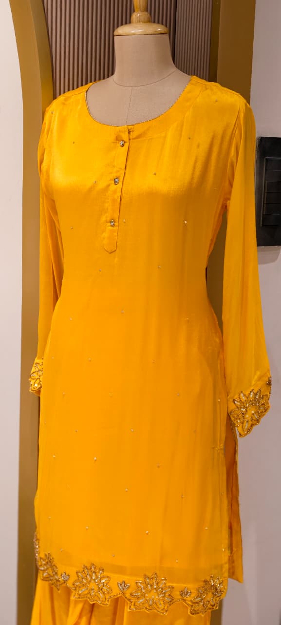 Minimal Cut Dana Side Embroidery Work Solid Chinon Co-Ord Set With Farsi Bottom- 14248 W112