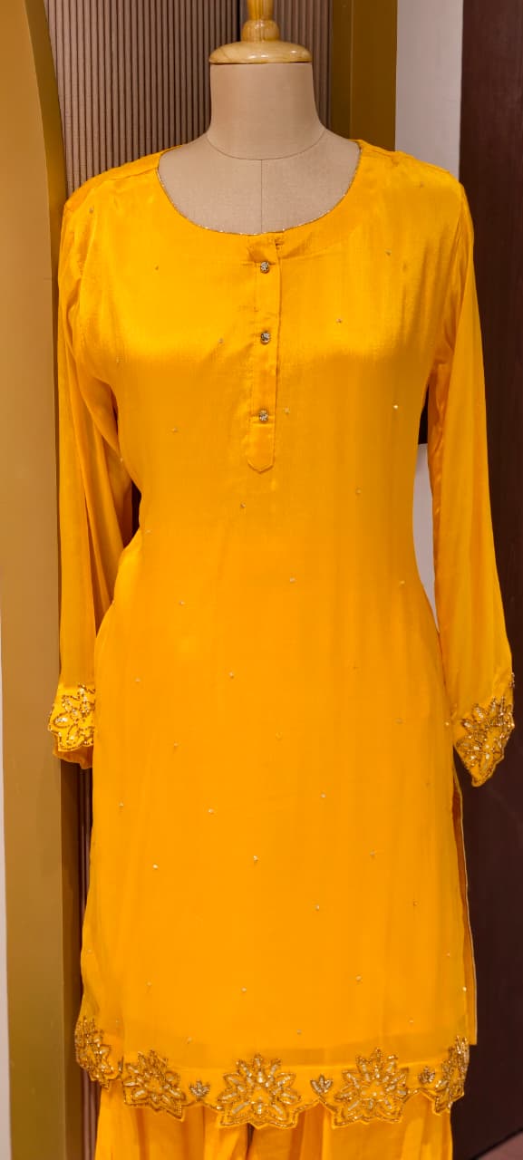 Minimal Cut Dana Side Embroidery Work Solid Chinon Co-Ord Set With Farsi Bottom- 14248 W112