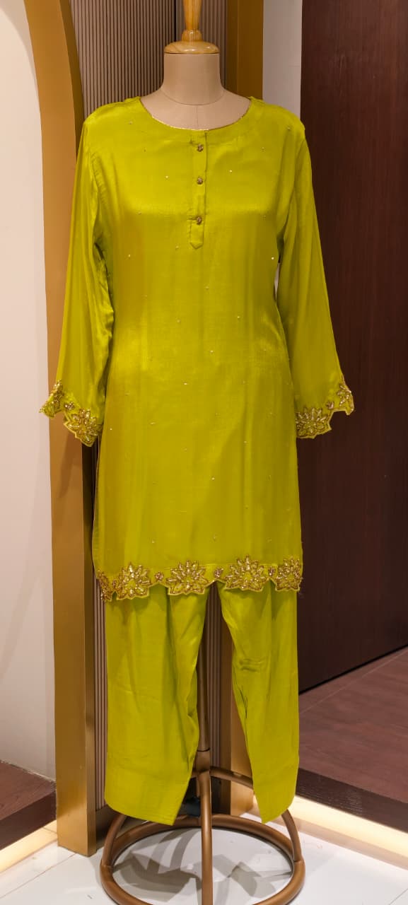 Minimal Cut Dana Side Embroidery Work Solid Chinon Co-Ord Set With Farsi Bottom- 14248 W112