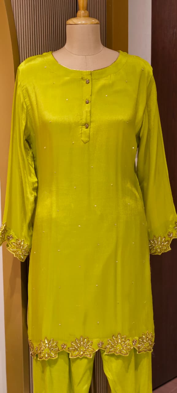 Minimal Cut Dana Side Embroidery Work Solid Chinon Co-Ord Set With Farsi Bottom- 14248 W112