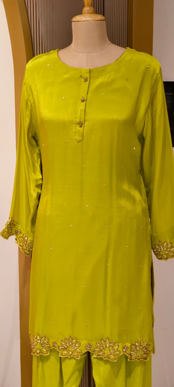 Minimal Cut Dana Side Embroidery Work Solid Chinon Co-Ord Set With Farsi Bottom- 14248 W112