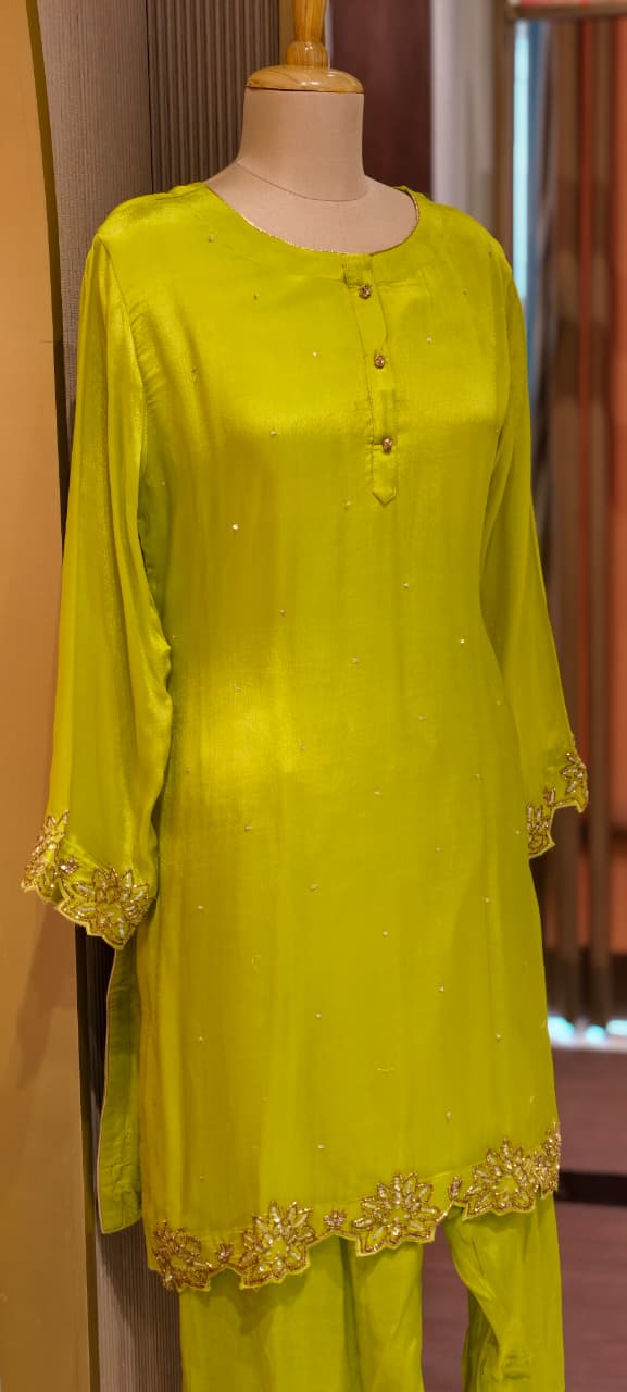 Minimal Cut Dana Side Embroidery Work Solid Chinon Co-Ord Set With Farsi Bottom- 14248 W112