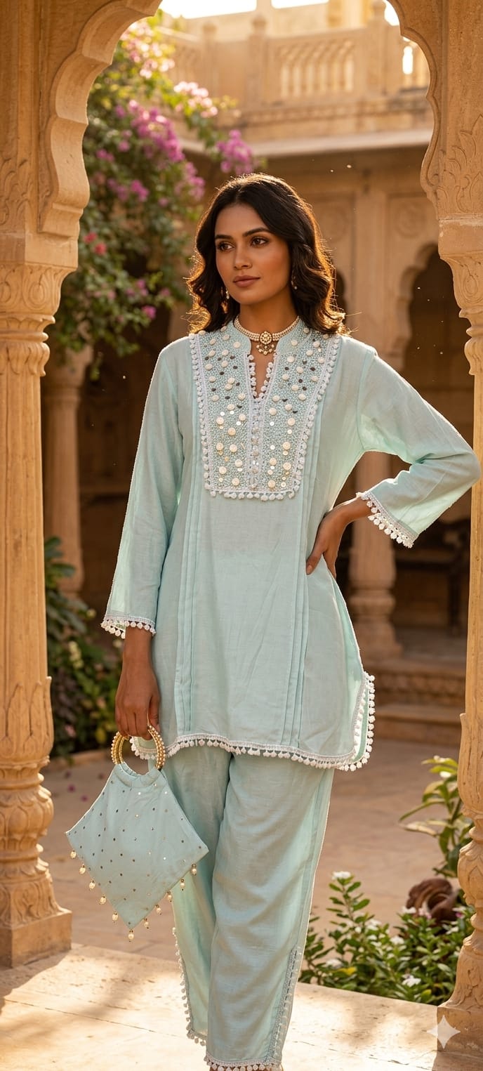 Sequin Tassel With Cut Dana Touch Yoke Elegant Co-Ord Set With Potli- 14255 W105