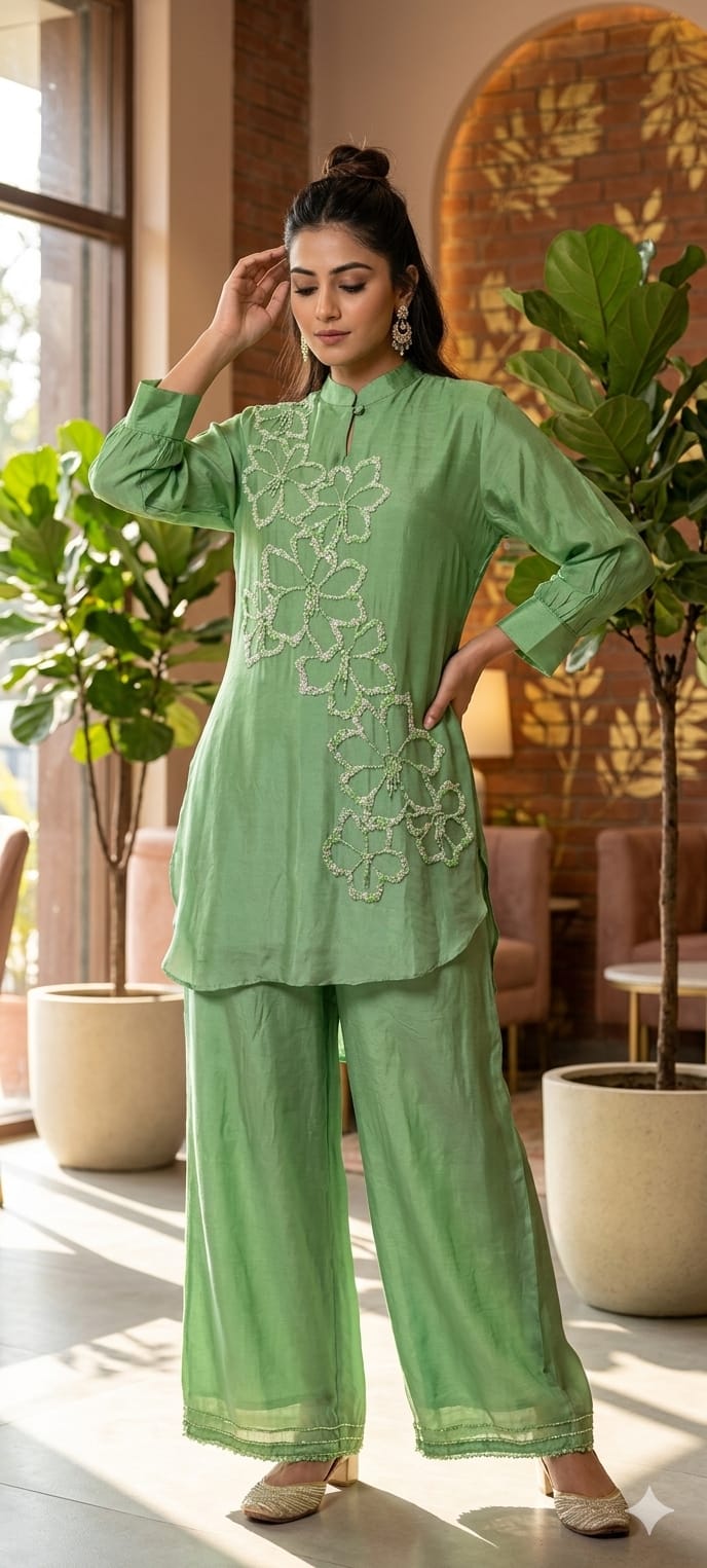 Sequin Cut Dana Tuti Fruti Look Floral Embroidered Chinon Co-Ord Sets- 14246 W115
