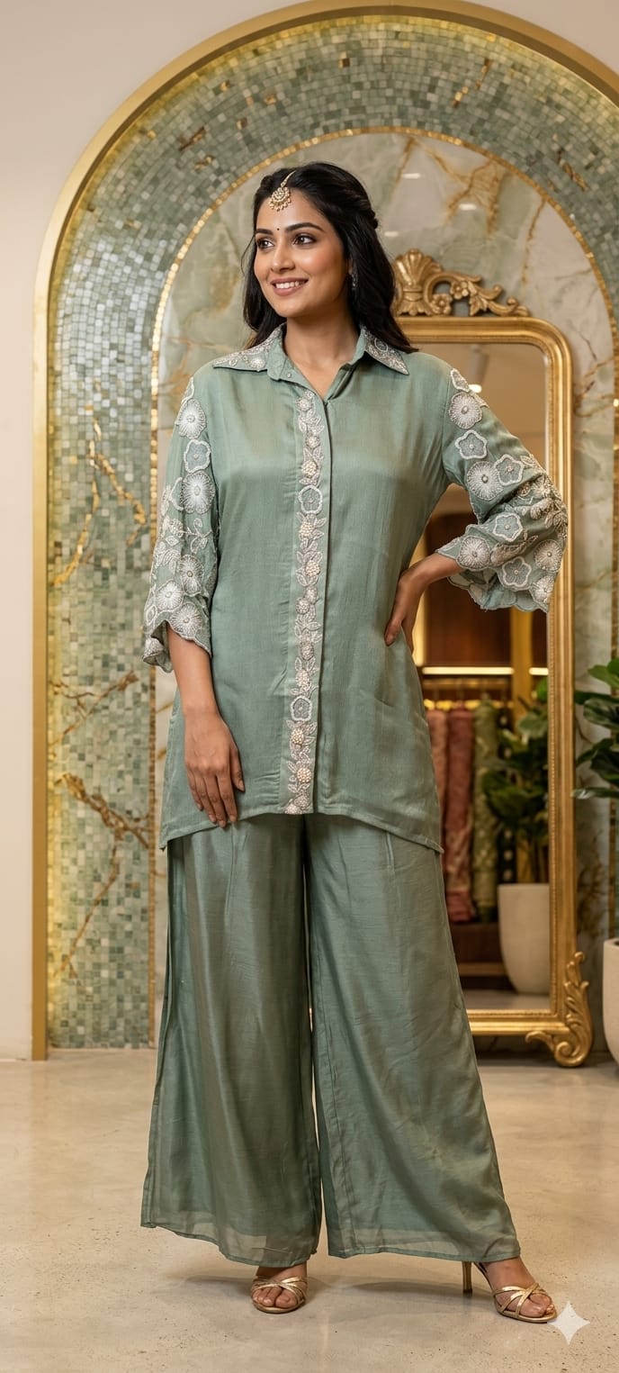 Sheer Shine Beautiful Handwork Over Neck & Sleeve Crepe Elegant Co-Ord Set-14247 W114