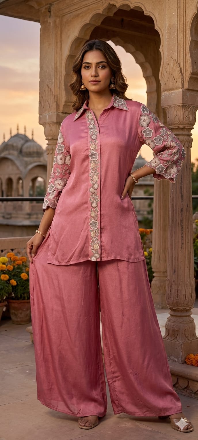 Sheer Shine Beautiful Handwork Over Neck & Sleeve Crepe Elegant Co-Ord Set-14247 W114