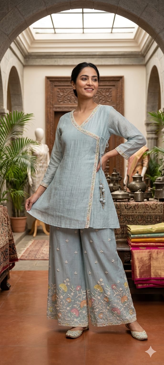 Angrakha Patterened Elegant Beads Work Designer Kurta Pant Set In Mul Chanderi Fabric- 14252 W119