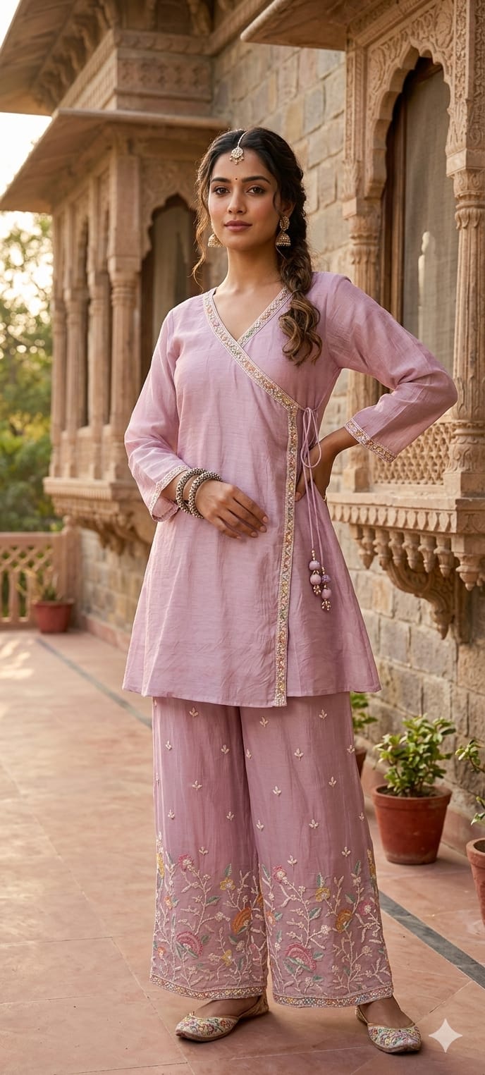 Angrakha Patterened Elegant Beads Work Designer Kurta Pant Set In Mul Chanderi Fabric- 14252 W119