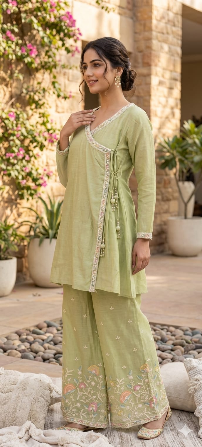 Angrakha Patterened Elegant Beads Work Designer Kurta Pant Set In Mul Chanderi Fabric- 14252 W119