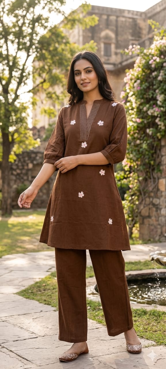 Minimal Sctattered Floral Embroidery Solid Cotton Co-Ord Set- 14135 W123