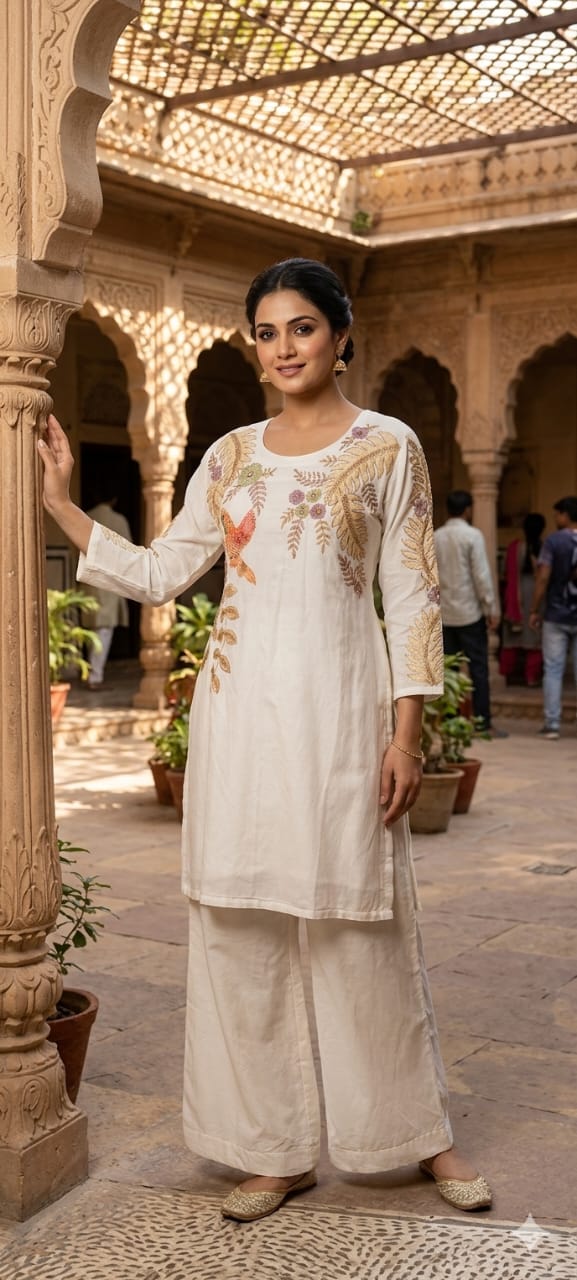Figure Printed Co-Ord Set With Golden Outline Work In Mul Chanderi Fabric-13925 W118