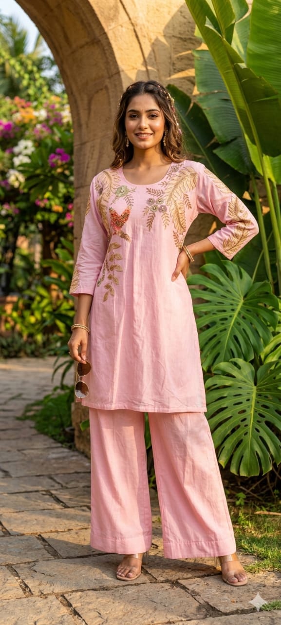 Figure Printed Co-Ord Set With Golden Outline Work In Mul Chanderi Fabric-13925 W118