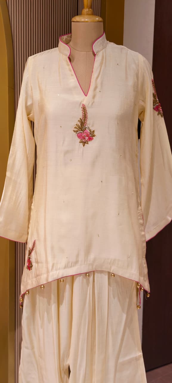 White Sheer Soft Toned Minimal Embroidery Russian Silk High Low Co-Ord Set W117