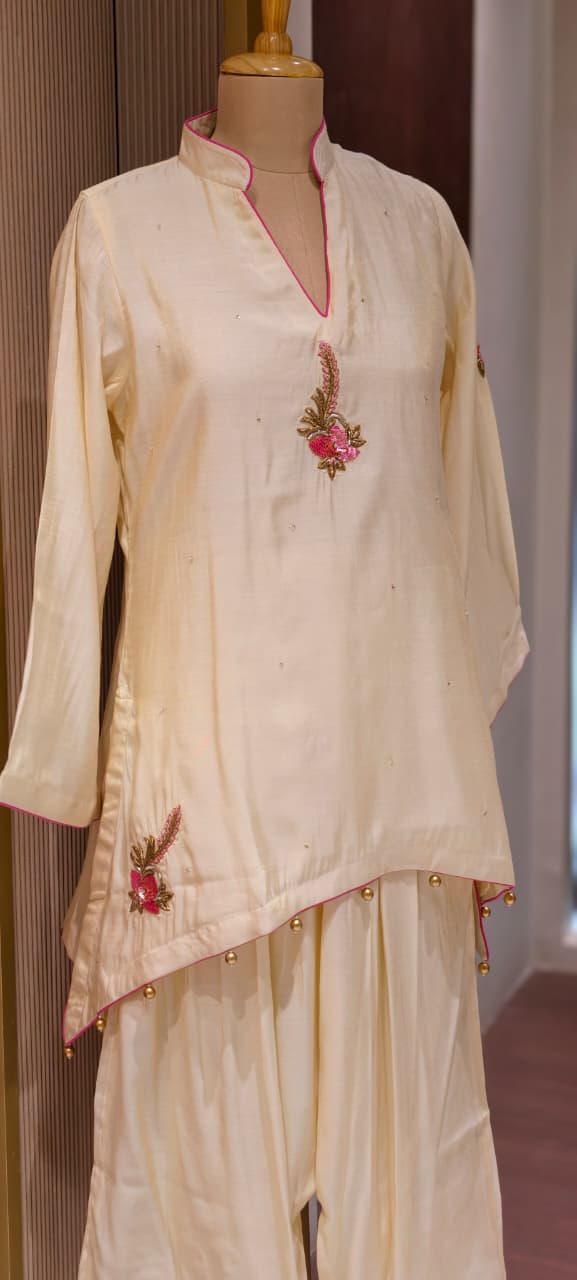 White Sheer Soft Toned Minimal Embroidery Russian Silk High Low Co-Ord Set W117