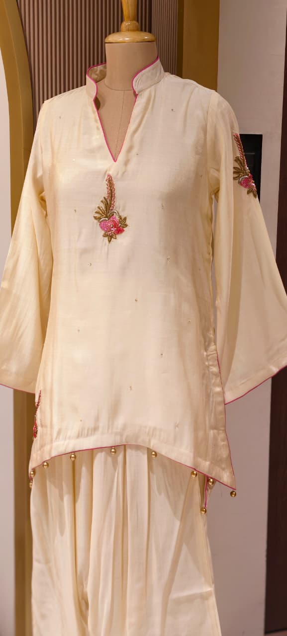 White Sheer Soft Toned Minimal Embroidery Russian Silk High Low Co-Ord Set W117