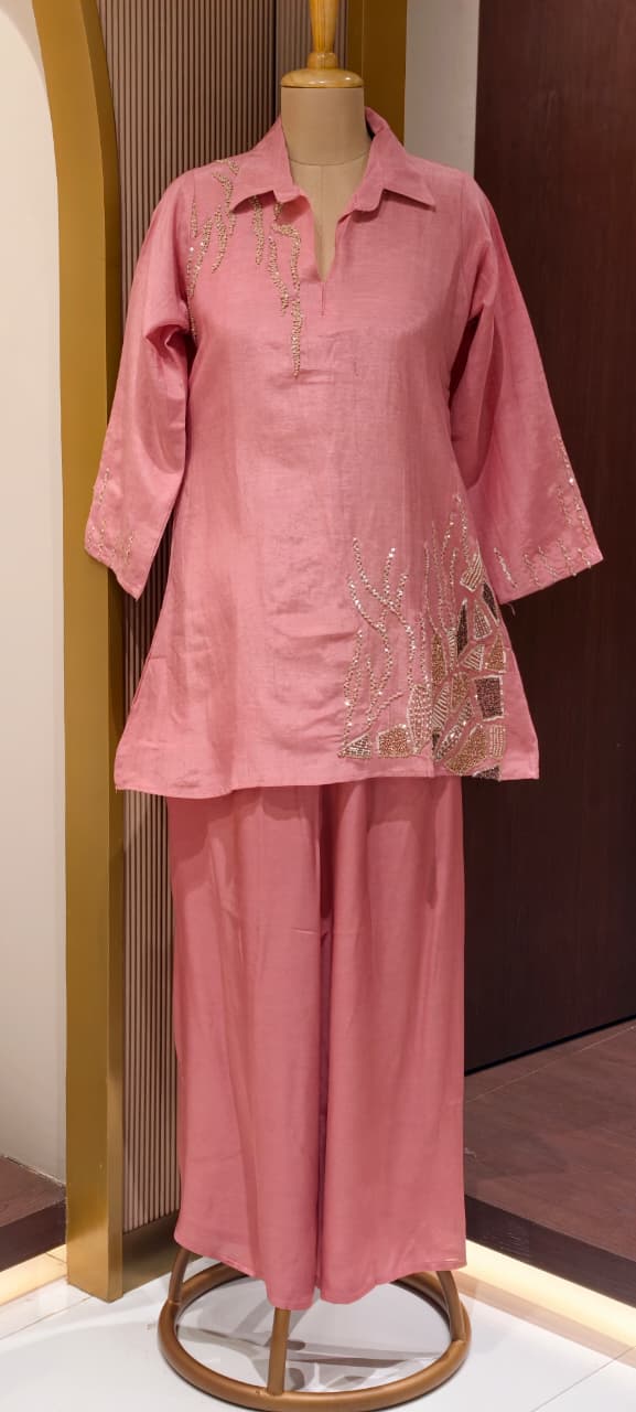 Branch Tail Sequin Scattered Work Solid Stylish Co-Ord Set W109