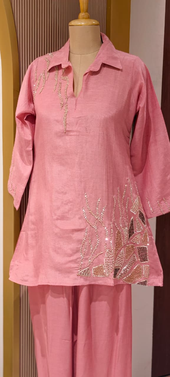 Branch Tail Sequin Scattered Work Solid Stylish Co-Ord Set W109
