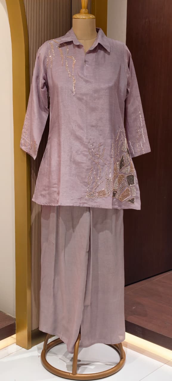 Branch Tail Sequin Scattered Work Solid Stylish Co-Ord Set W109
