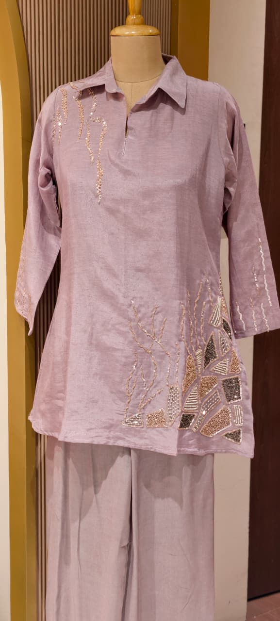 Branch Tail Sequin Scattered Work Solid Stylish Co-Ord Set W109