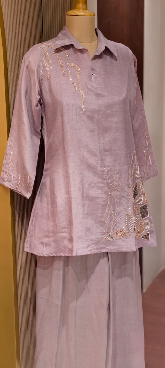 Branch Tail Sequin Scattered Work Solid Stylish Co-Ord Set W109