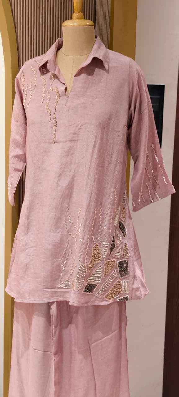 Branch Tail Sequin Scattered Work Solid Stylish Co-Ord Set W109