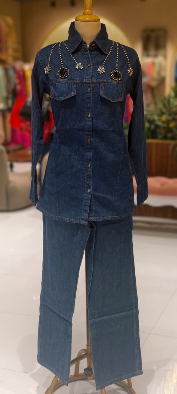 Reinstone Over Pocket & Collar Smart Look Solid Denim Co-Ord Set-14337 W129
