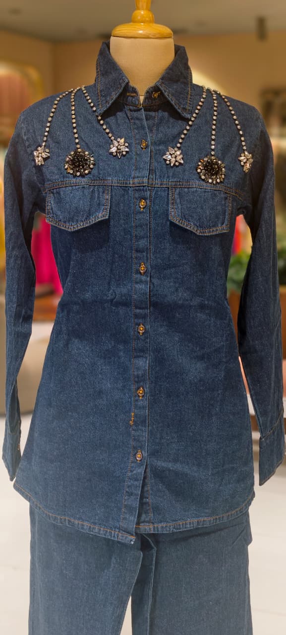 Reinstone Over Pocket & Collar Smart Look Solid Denim Co-Ord Set-14337 W129