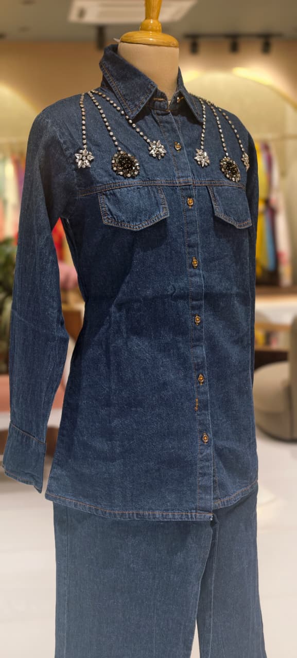 Reinstone Over Pocket & Collar Smart Look Solid Denim Co-Ord Set-14337 W129