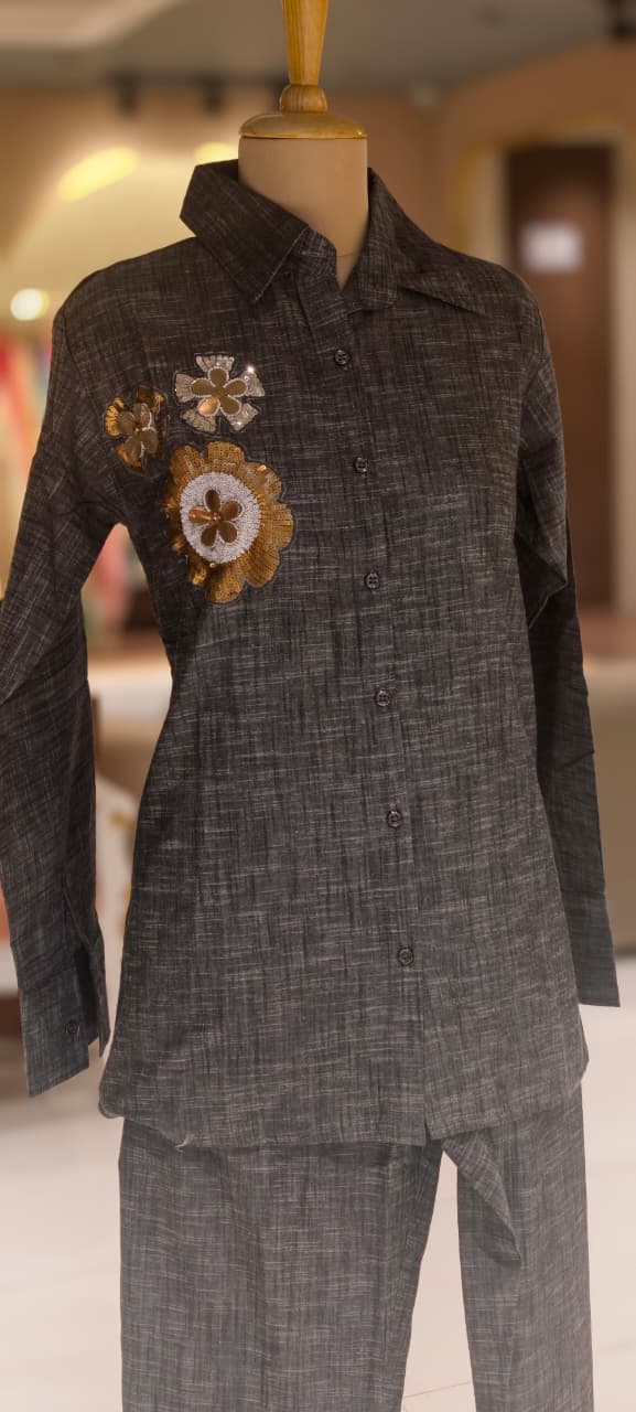 Sequin Touch Floral Broach Look Solid Ash Elegance Co-Ord- 14336 W128