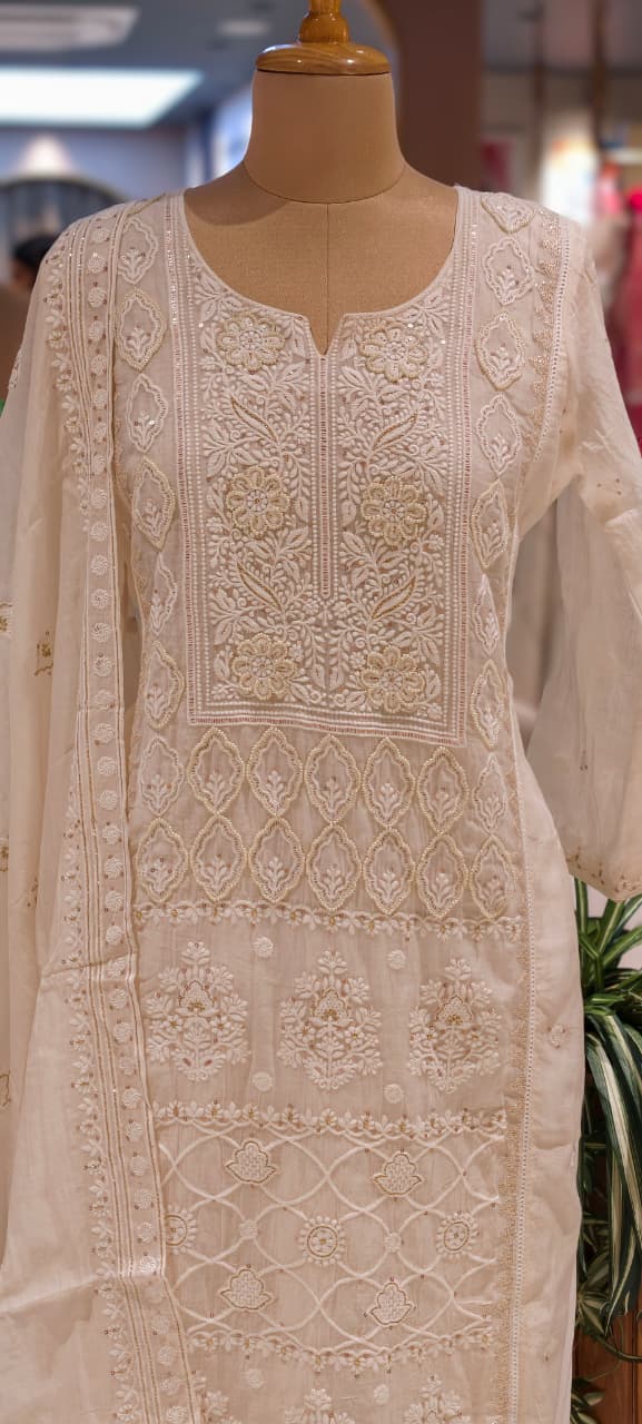 Chikankari Pure Thread Embroidered Decent Tone Full Suit Set With Dupatta In Mul Chanderi Fabric-14250
