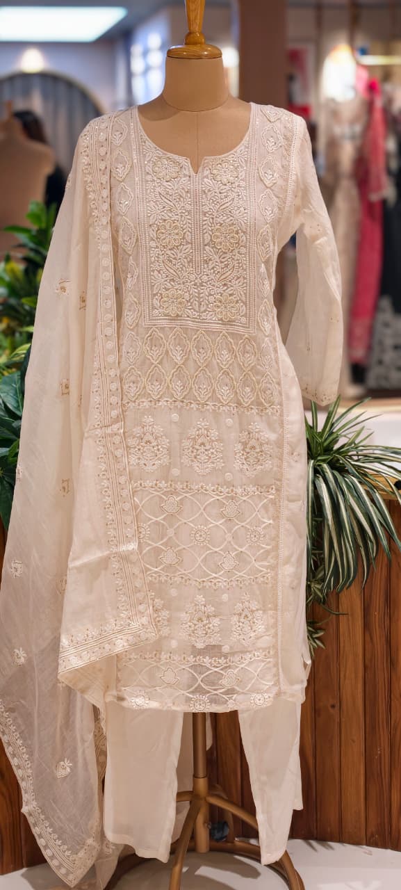 Chikankari Pure Thread Embroidered Decent Tone Full Suit Set With Dupatta In Mul Chanderi Fabric-14250