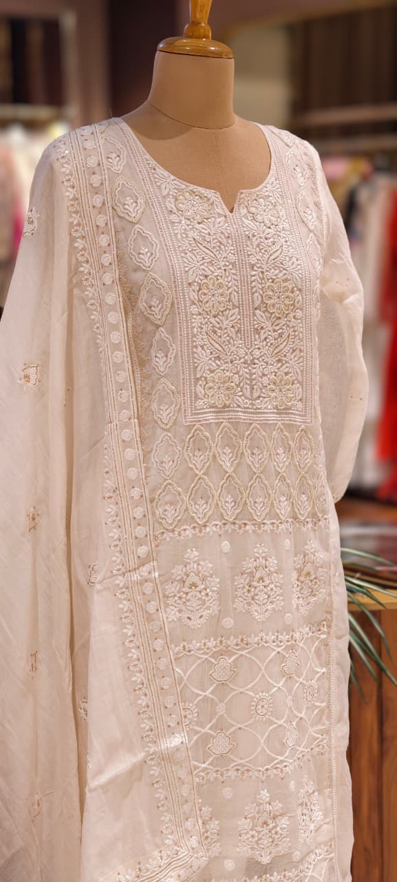Chikankari Pure Thread Embroidered Decent Tone Full Suit Set With Dupatta In Mul Chanderi Fabric-14250