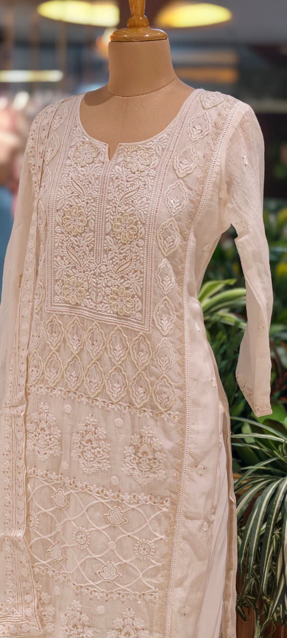 Chikankari Pure Thread Embroidered Decent Tone Full Suit Set With Dupatta In Mul Chanderi Fabric-14250